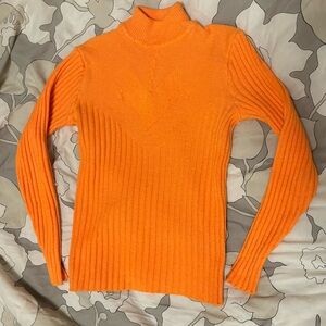 **SOLD** 70s Mock Neck Neon Orange Ribbed Turtleneck Sweater Top Small Medium